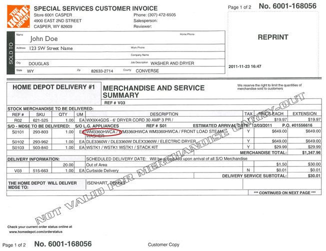 Home Depot special services receipt